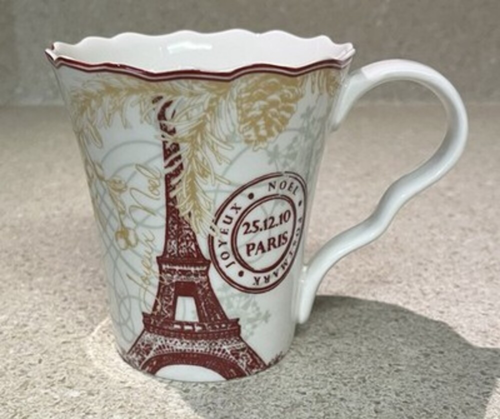 222 Fifth Joyeux Noel Gold Eiffel Tower Porcelain Mug 10 fl oz MW/DW Safe